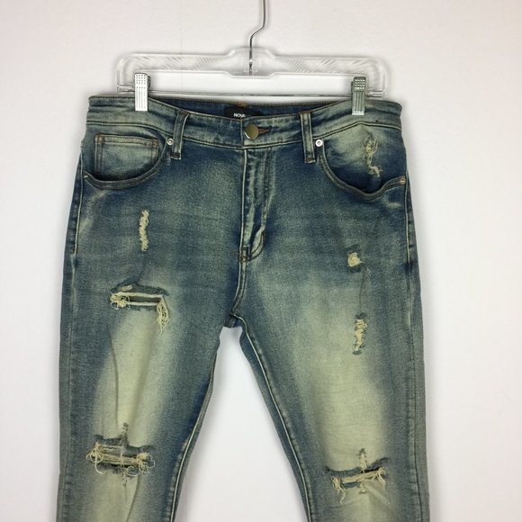 New! Fashion Nova Men Skinny Jeans 34x32 Distressed Ankle Zip Blue Denim Stretch - Picture 2 of 13